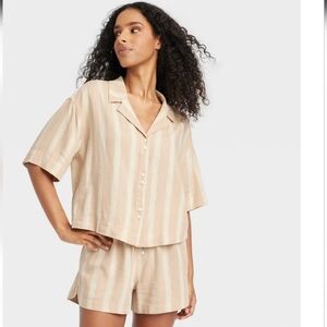 Women's Striped Linen Blend Button-Up Pajama Top - Stars Above Tan XS